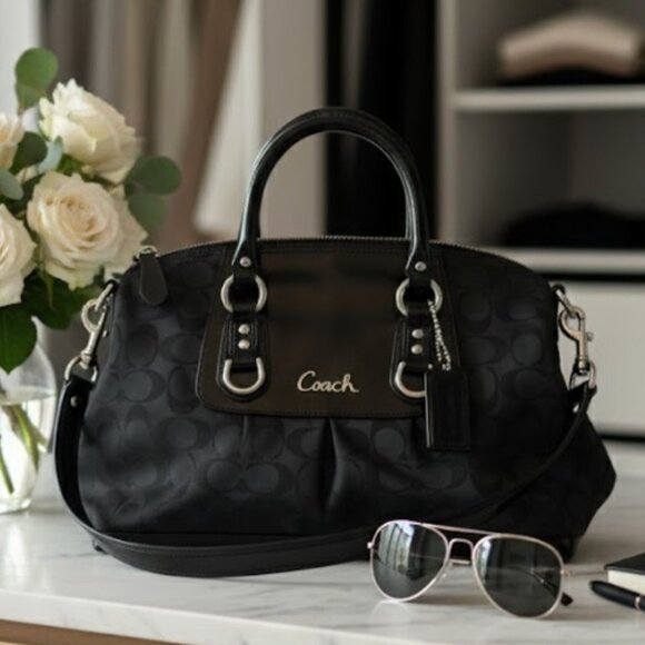 Coach Black Signature Satchel with Leather Trim and Adjustable Crossbody Strap - Picture 1 of 1